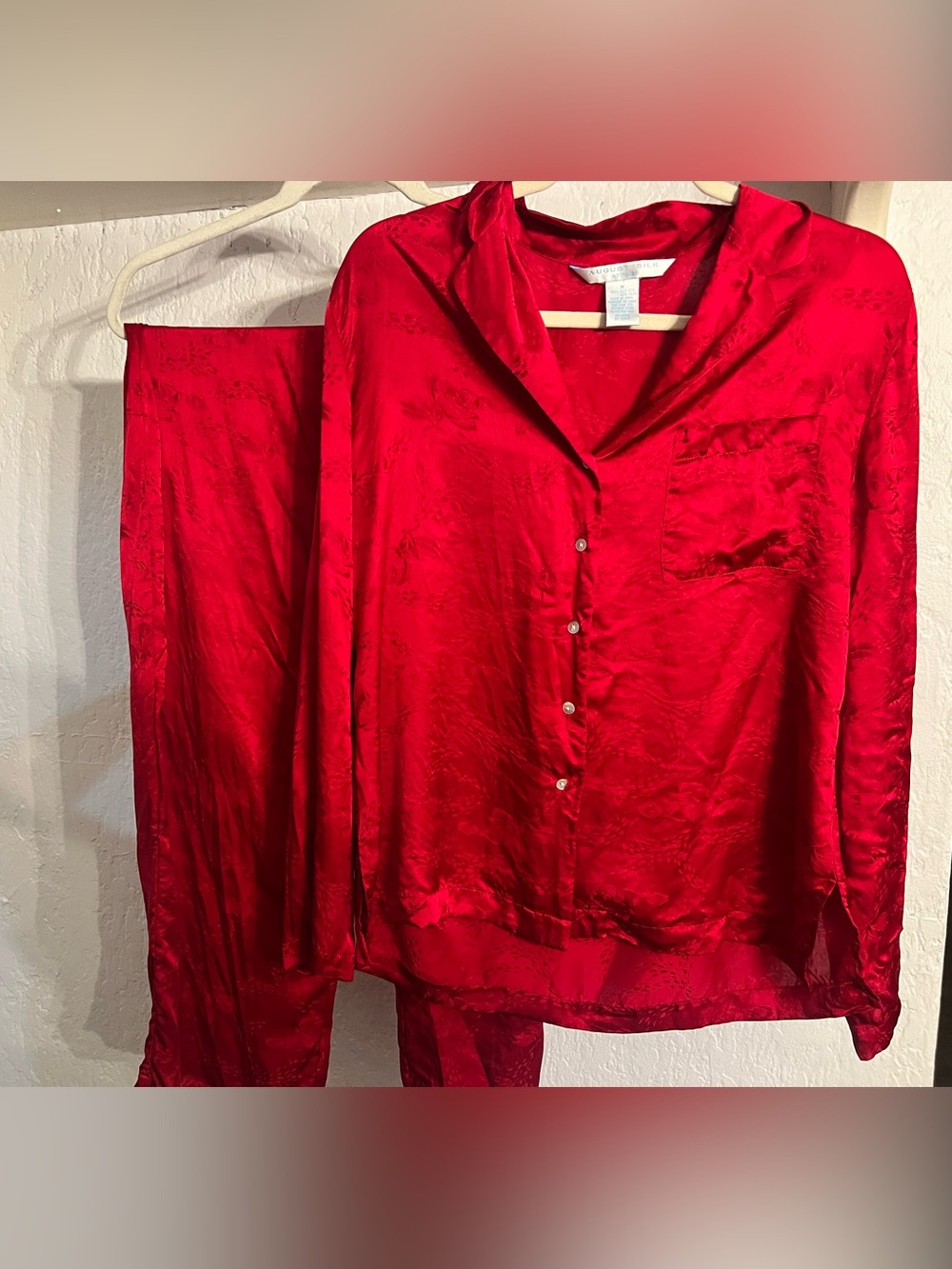 100% Silk Red Long Sleeve Pajama Set Size M by August Silk